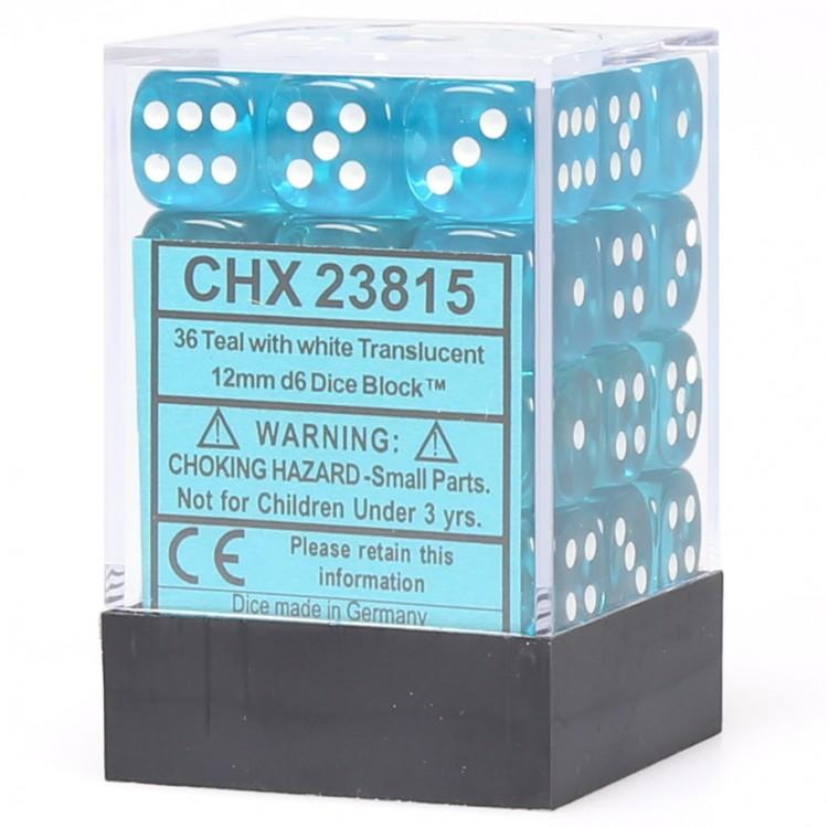CHX 23815 Translucent 12mm d6 Teal/White Block (36)