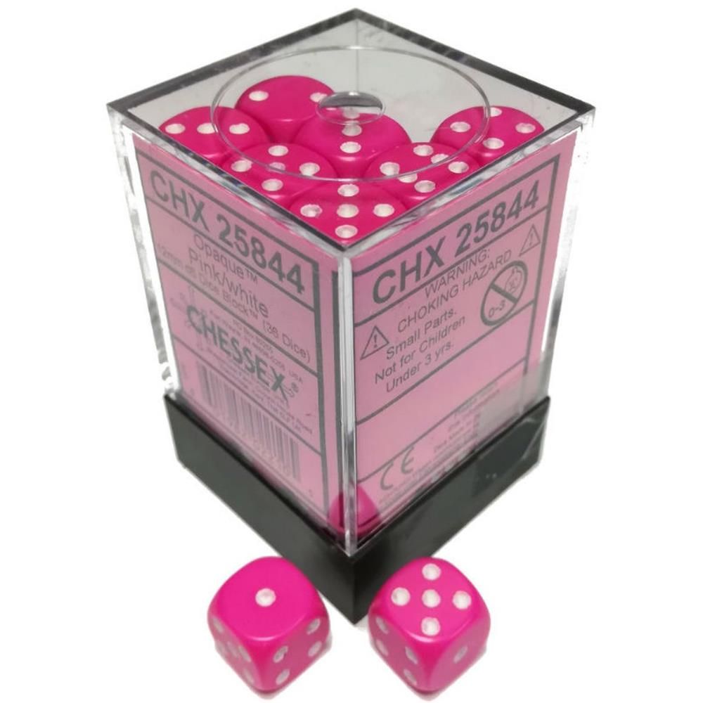 CHX 25844 Opaque 12mm d6 Pink/White Dice Block (36)