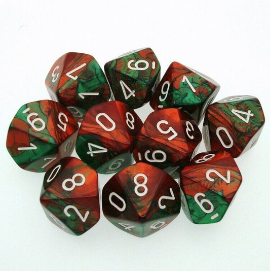 CHX 26231 Gemini Polyhedral Green-Red/White Set of Ten d10s