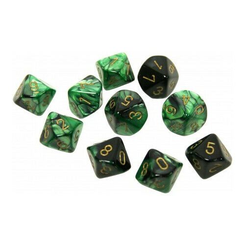 CHX 26239 Gemini Polyhedral Black-Green/Gold Set of Ten d10s