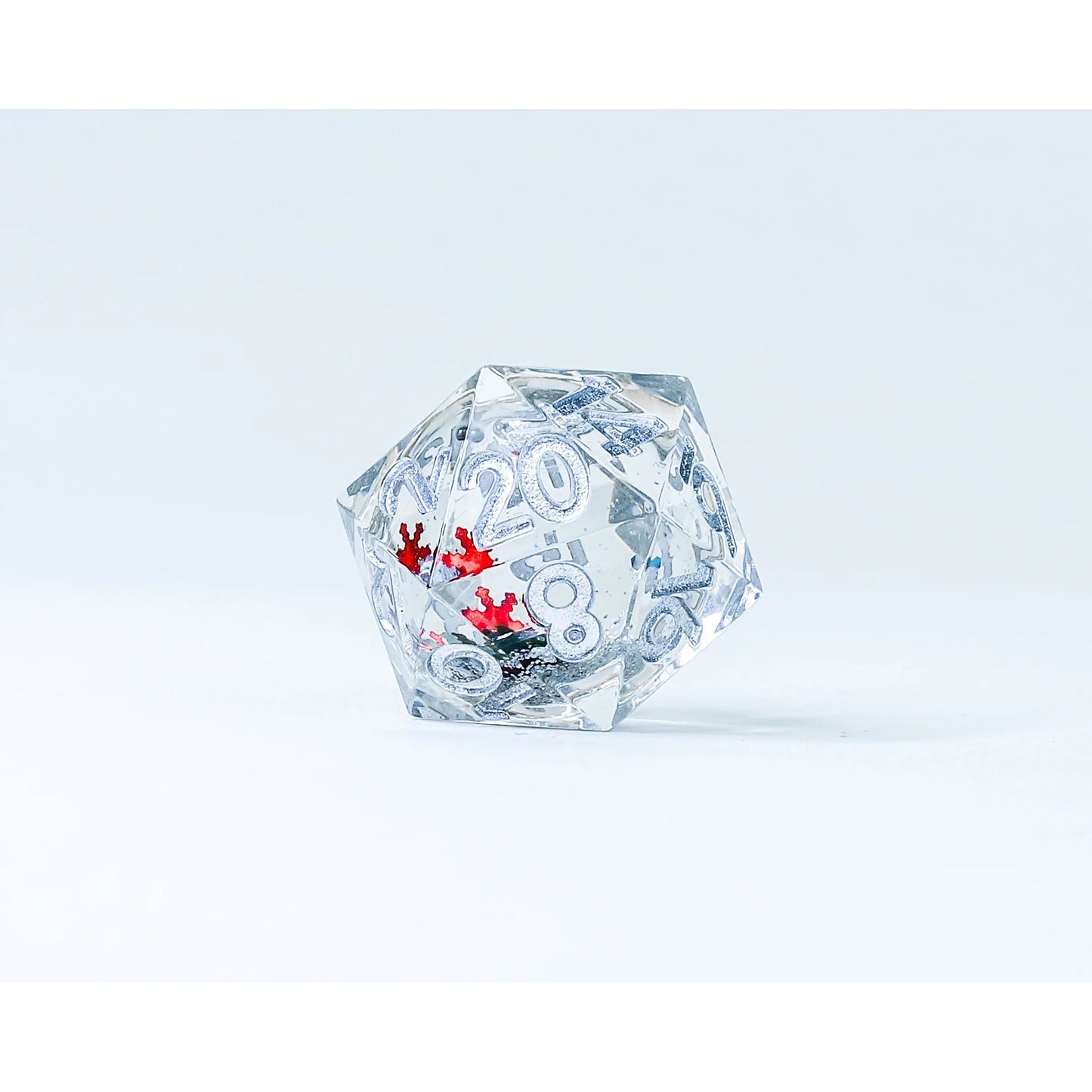 Sirius Dice - Silver Ink and Silver Glitter with Silver; Green; Red Snowflakes D20 Sharp Snow Globe